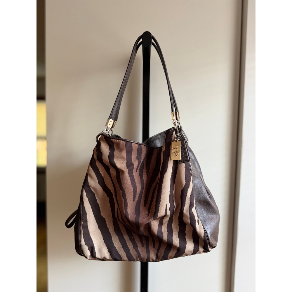 Coach Madison Phoebe Shoulder Bag – Brown/Beige Zebra Print Canvas & Leather